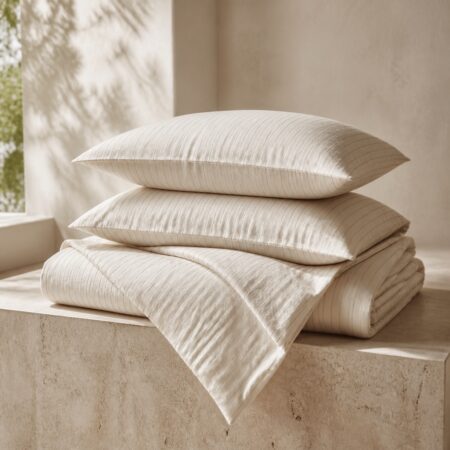 Folded ivory Coastal Stripe Cotton Duvet Set with fine taupe pinstripes