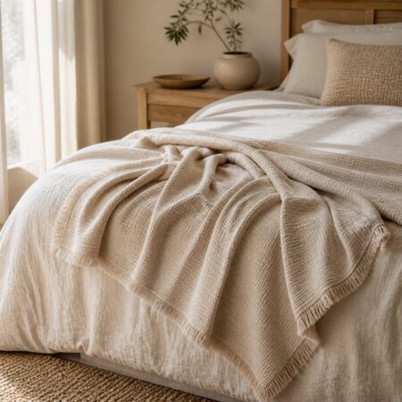 DEMO Dune Weave Winter Throw — bedroom lifestyle Dune Weave Winter Throw draped across a neutral bed
