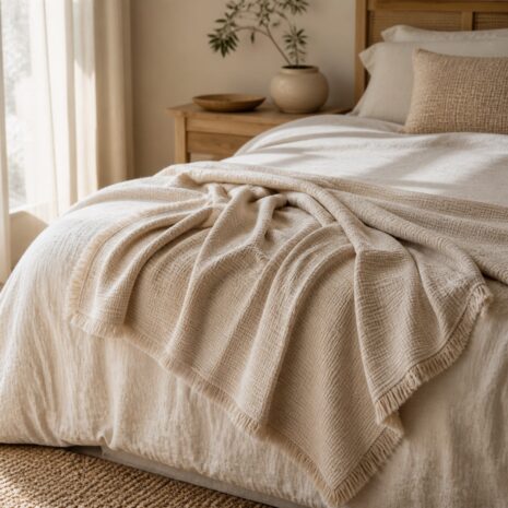 DEMO Dune Weave Winter Throw β bedroom lifestyle Dune Weave Winter Throw draped across a neutral bed