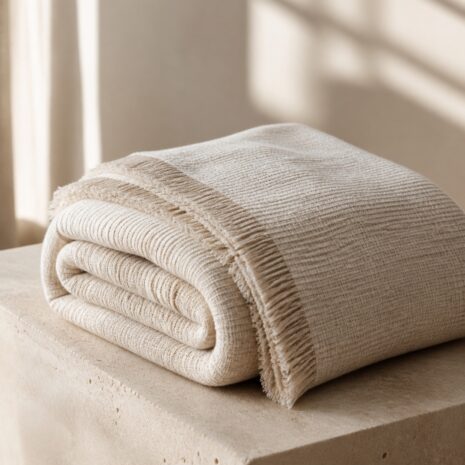 Folded ivory Dune Weave Winter Throw showing woven texture and fringe